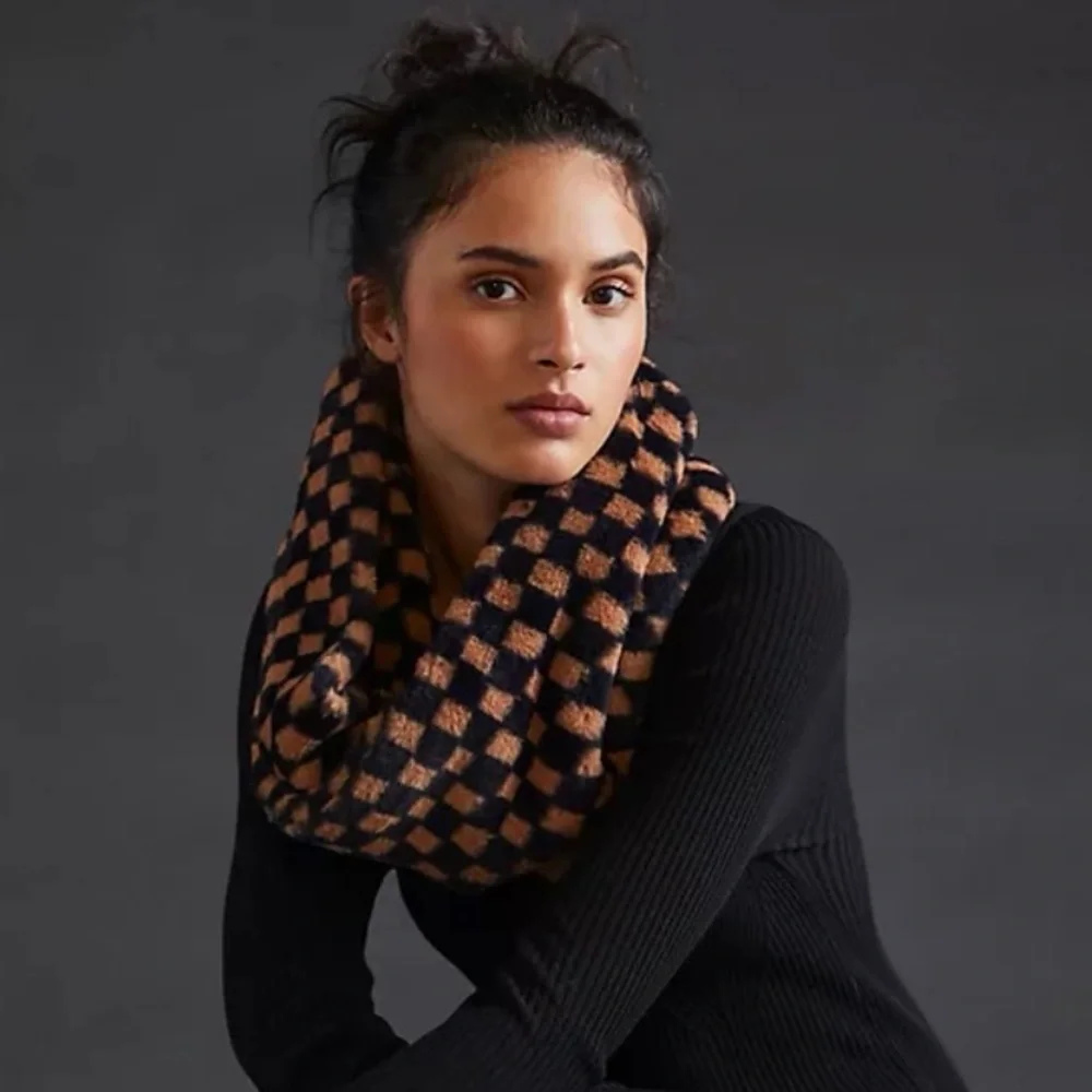 Anthropologie Navy & Tan Checkerboard Faux-Fur Wrap